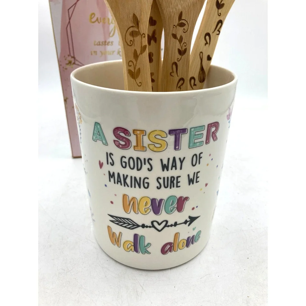 Sister Bamboo Kitchen Utensil Set with Ceramic Holder 6 Piece Gift Set New